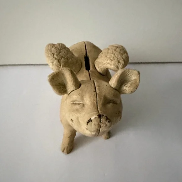 Vintage Piggy Bank Cast Iron Pig Wings Flying Rustic Farmhouse Coin Bank
